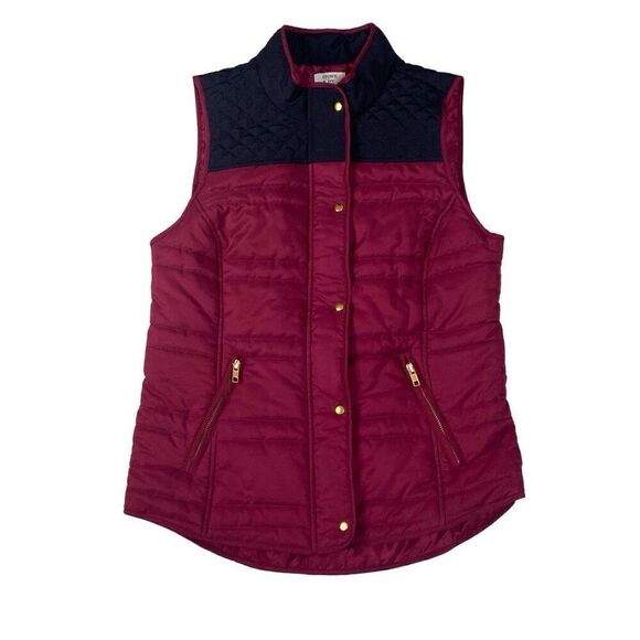 Crown & Ivy Puffer Vest Fuchsia Navy Zip Pockets Adjustable Straps Women Small - Picture 1 of 12